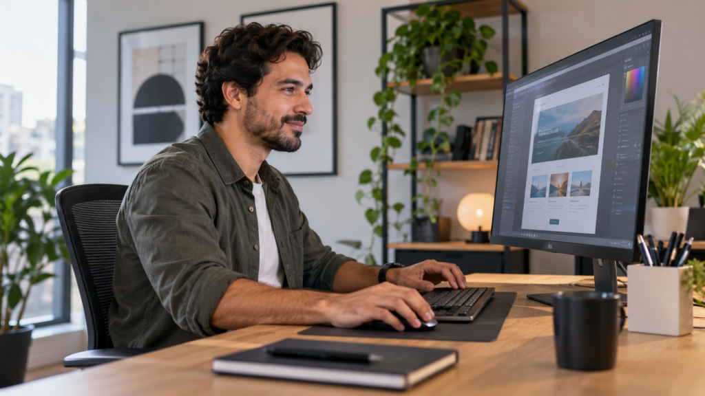 Web designer trabalhando no computador em escritório