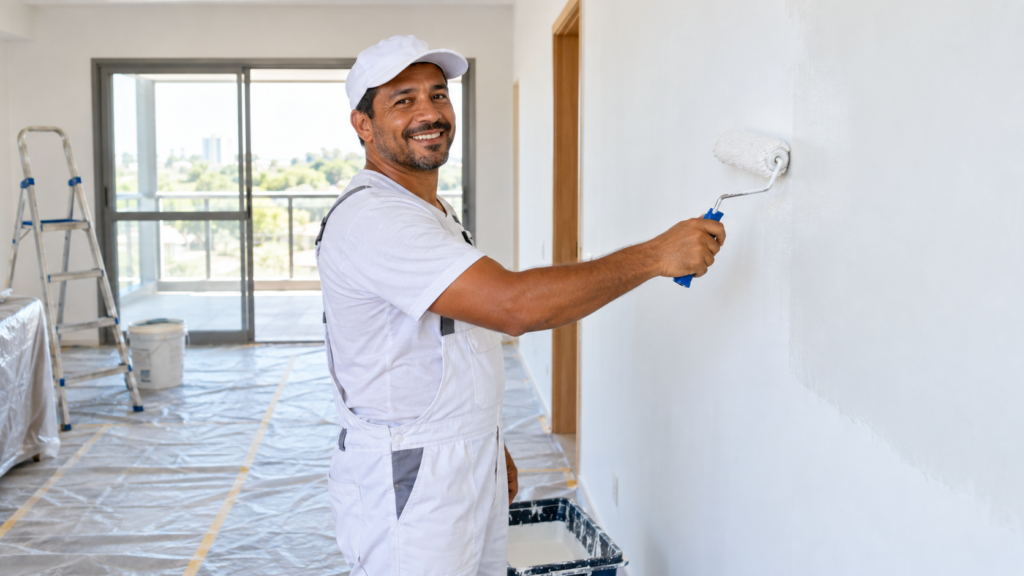 Pintor sorrindo trabalhando em pintura residencial